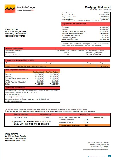 Download Congo Credit du Congo bank mortgage statement scr Photoshop template